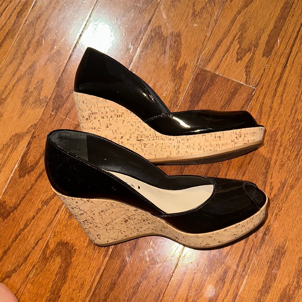 Via Spiga Black Patent Wedge Peep Toe Shoes